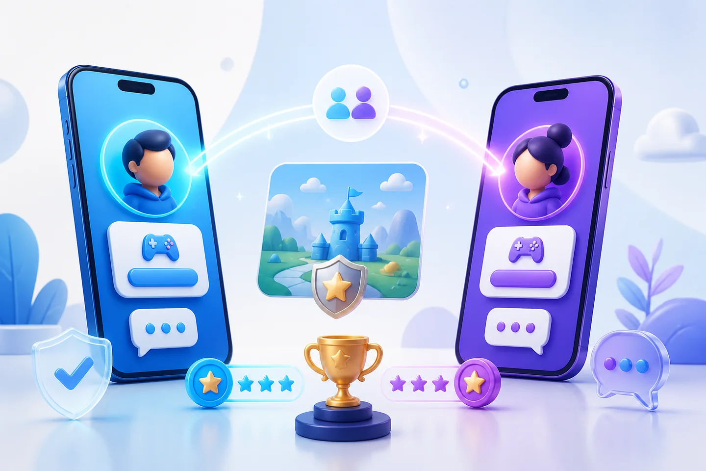 Deux téléphones reliés par un jeu, des avatars, des messages sûrs, des étoiles de score et un trophée amical.
