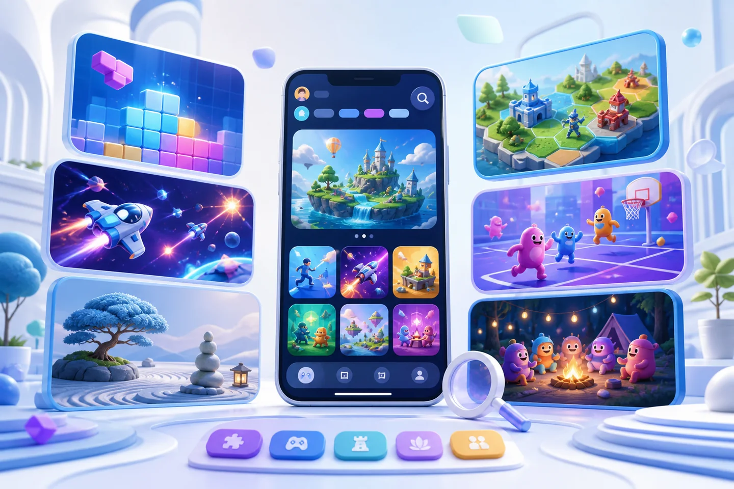 Galerie illustrée de mini-jeux autour d’un téléphone