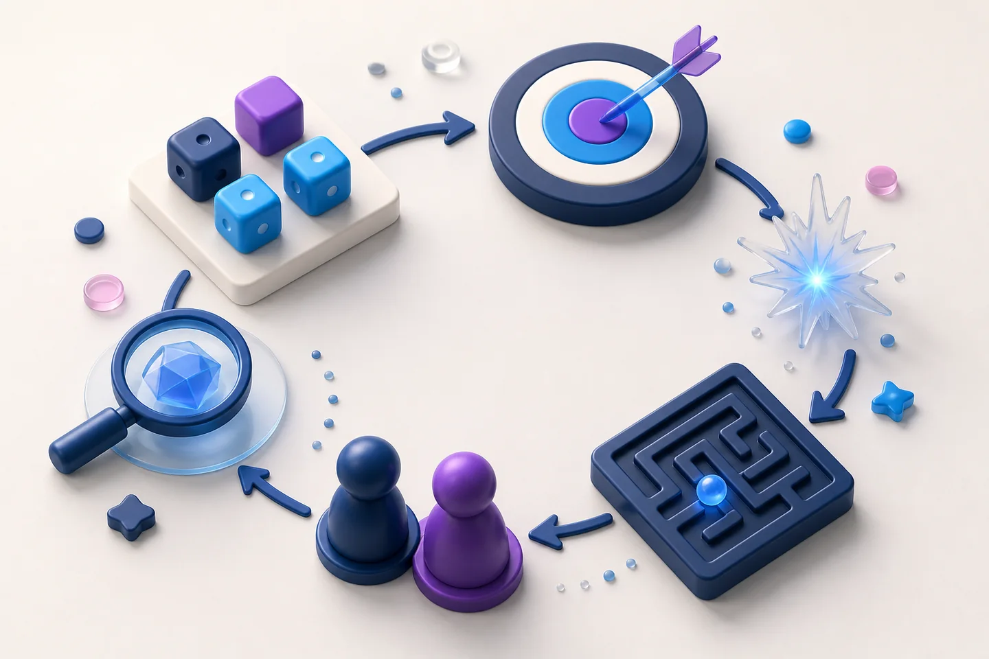 Boucle de game design illustrée par des dés, une cible, un effet de feedback, un labyrinthe et deux pions de test.