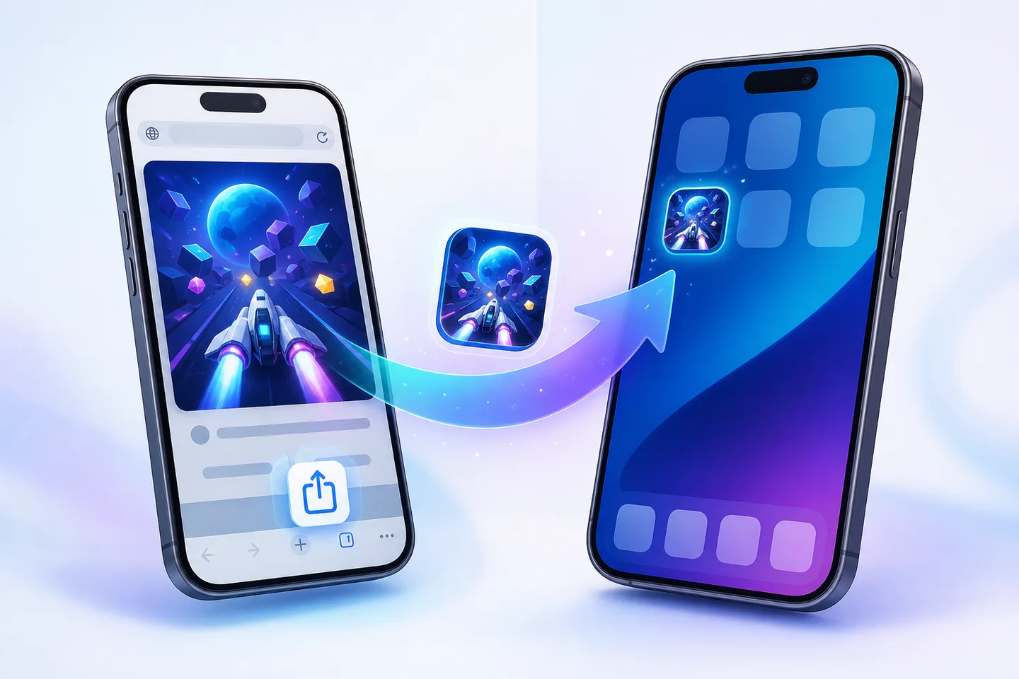 Deux téléphones montrant le passage d’un jeu dans le navigateur vers une icône sur l’écran d’accueil.