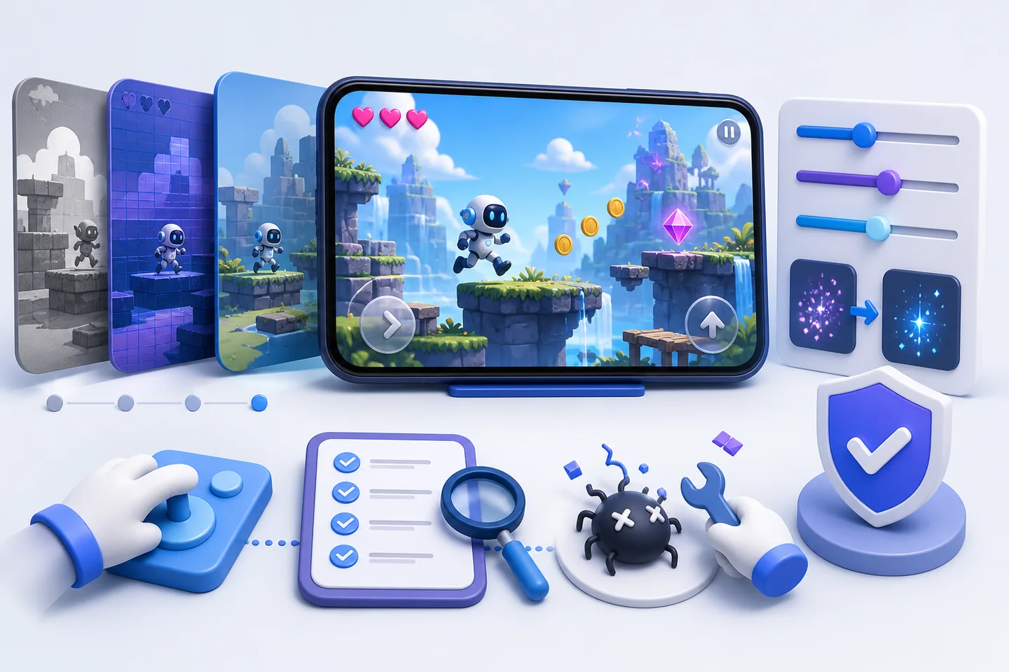 Contrôle qualité d’un jeu mobile avec liste de vérification, réglages, correction de bug et protection des données.